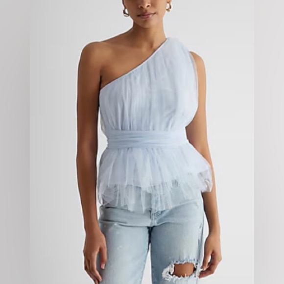 EXPRESS Light Blue Tulle One Shoulder Top Elegant NWT XS - Picture 3 of 4